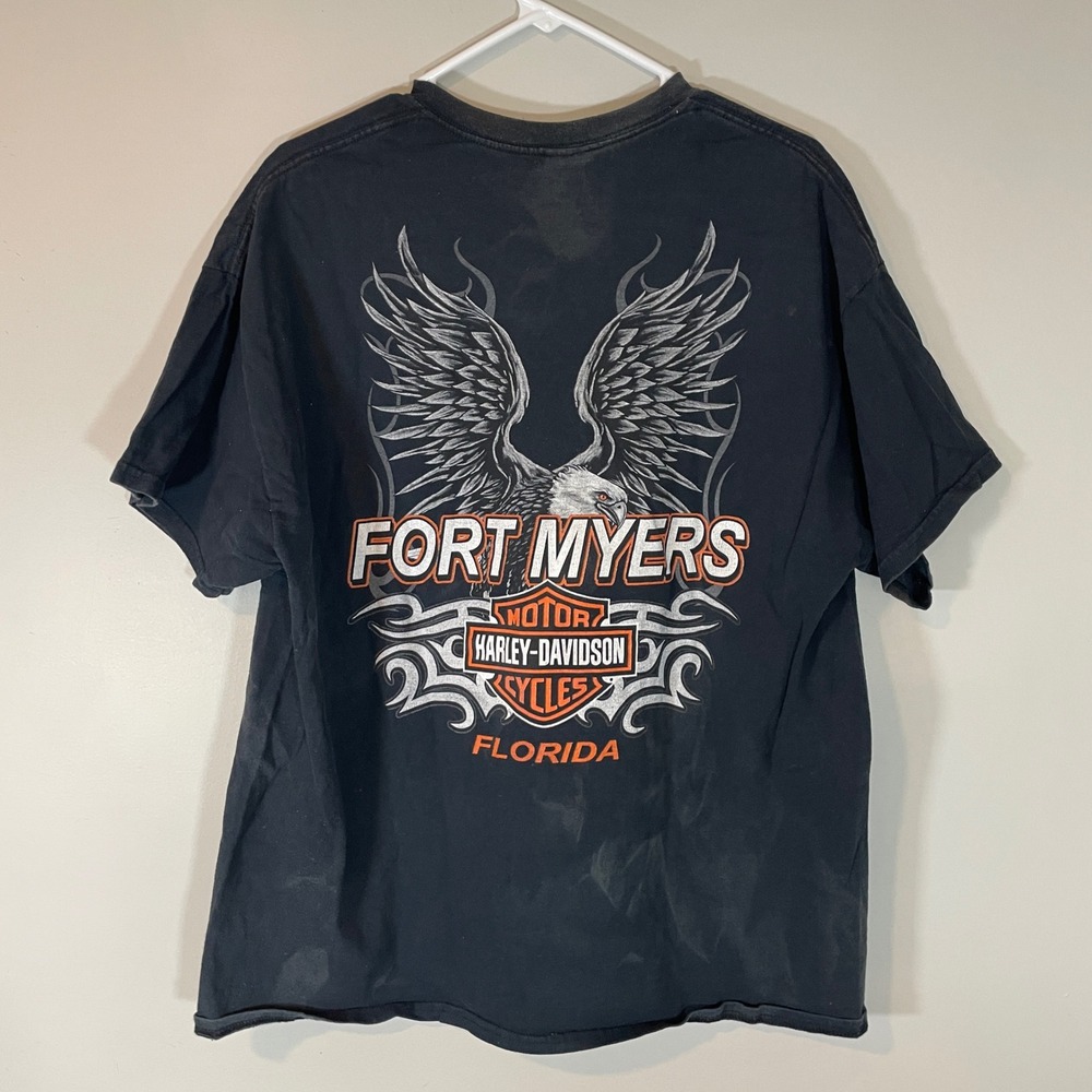Harley-Davidson Fort Myers FL Eagle Graphic T-Shirt Black Men XL Gildan Thrashed